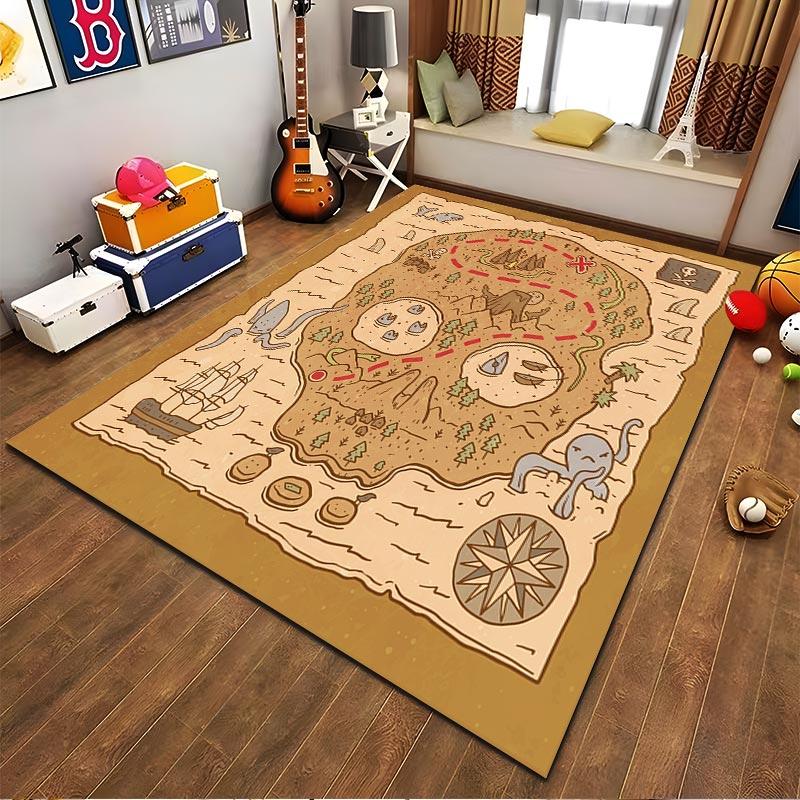 Antique Treasure Map-Inspired Carpet with Pirate Symbols for Kids Room Suitable for use as an anti-slip for living room bedroom sofas