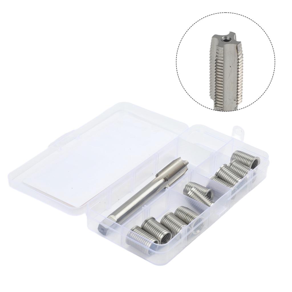11pcs M10X1.25 Thread Repair Kit with Precision Cut Tap and Galvanized Stainless Steel Inserts for Fixing Damaged Threads