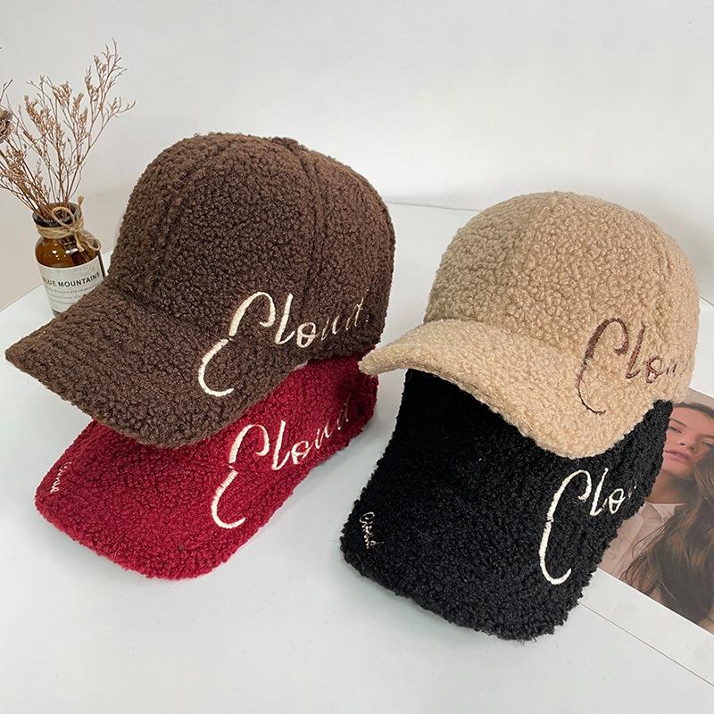 Embroidery letters lamb wool baseball cap children autumn and winter wide brim show face small warm versatile cap men