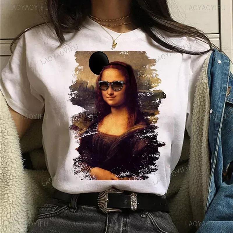 Vintage Humor Mona Lisa Print Women Fashion Top Funny Rose Mona Lisa T-Shirt Classic Camise Breathable Short-sleev