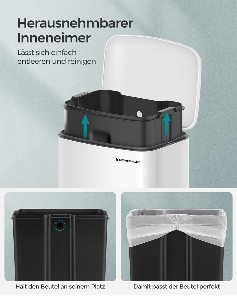 SONGMICS Rubbish Bin, 30L Trash Can, Steel Pedal Bin, with Inner Bucket and Lid, Soft Closure, Airtight, for Kitchen, Living Room, White