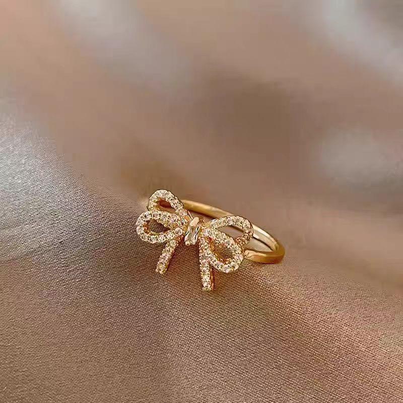 Bow Zircon Ring Women'S Super Flash Micro Inlaid Fashion Versatile Temperament Ring Open Index Finger Ring