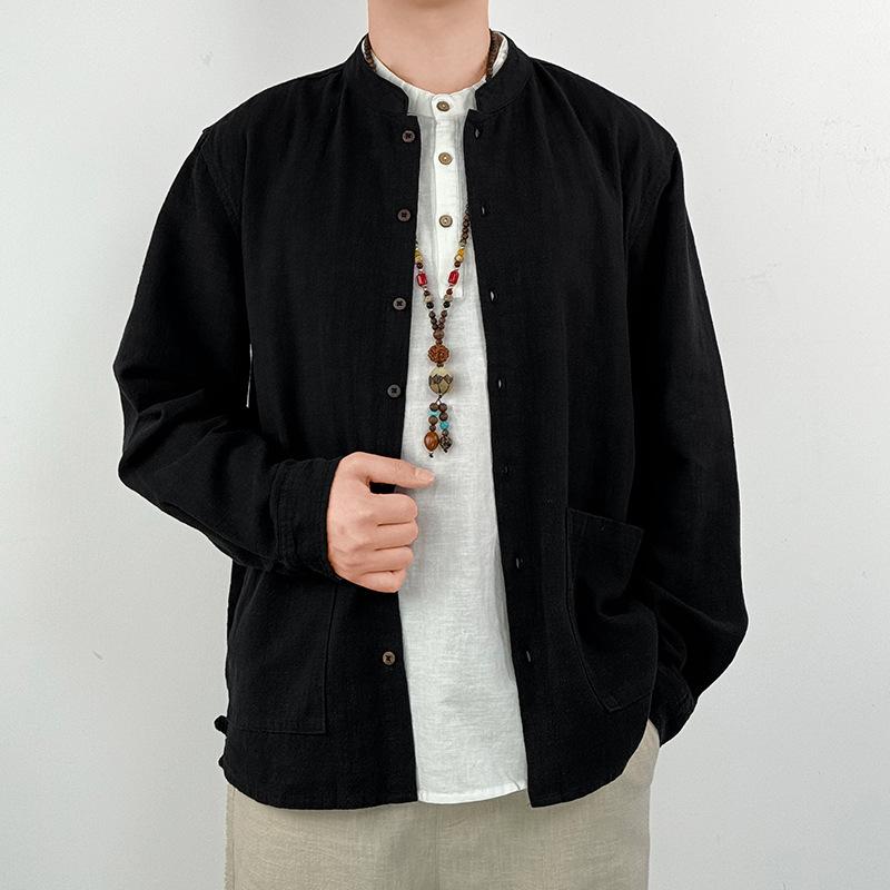 High End Linen Men's Cotton Linen Long Sleeved Shirt Ramie Casual Jacket Stand Up Collar Shirt