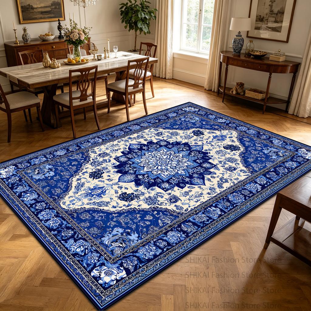 Retro Blue White Persian Living Room Carpet Antiskid Washable Decoration Home Decoration Home Rug Soft Plush Entrance Door Mat