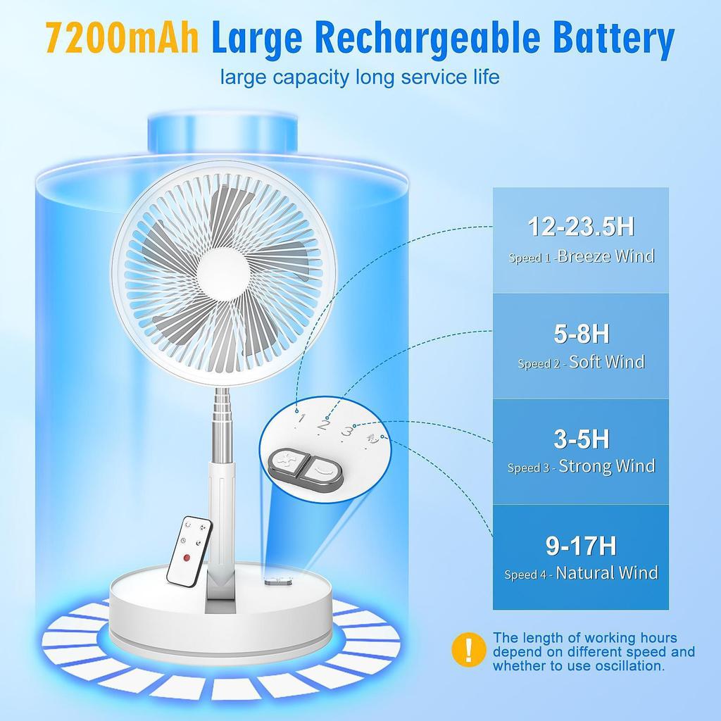 Portable Foldable Wireless Charging Fan with Silent Operation, Telescopic Design, Large Airflow, and Remote Control.