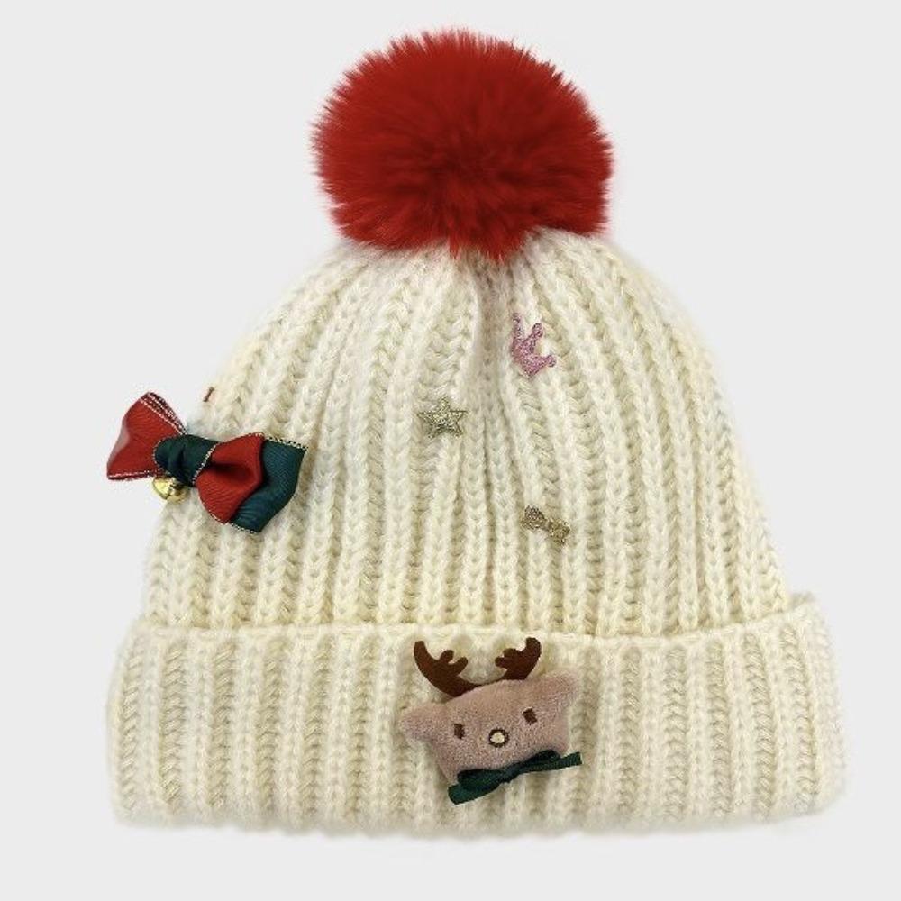 Bow Red Knitted Woolen Hat Warm Thickened Brimless Cap Fashion Big Pullover Hat  Girls