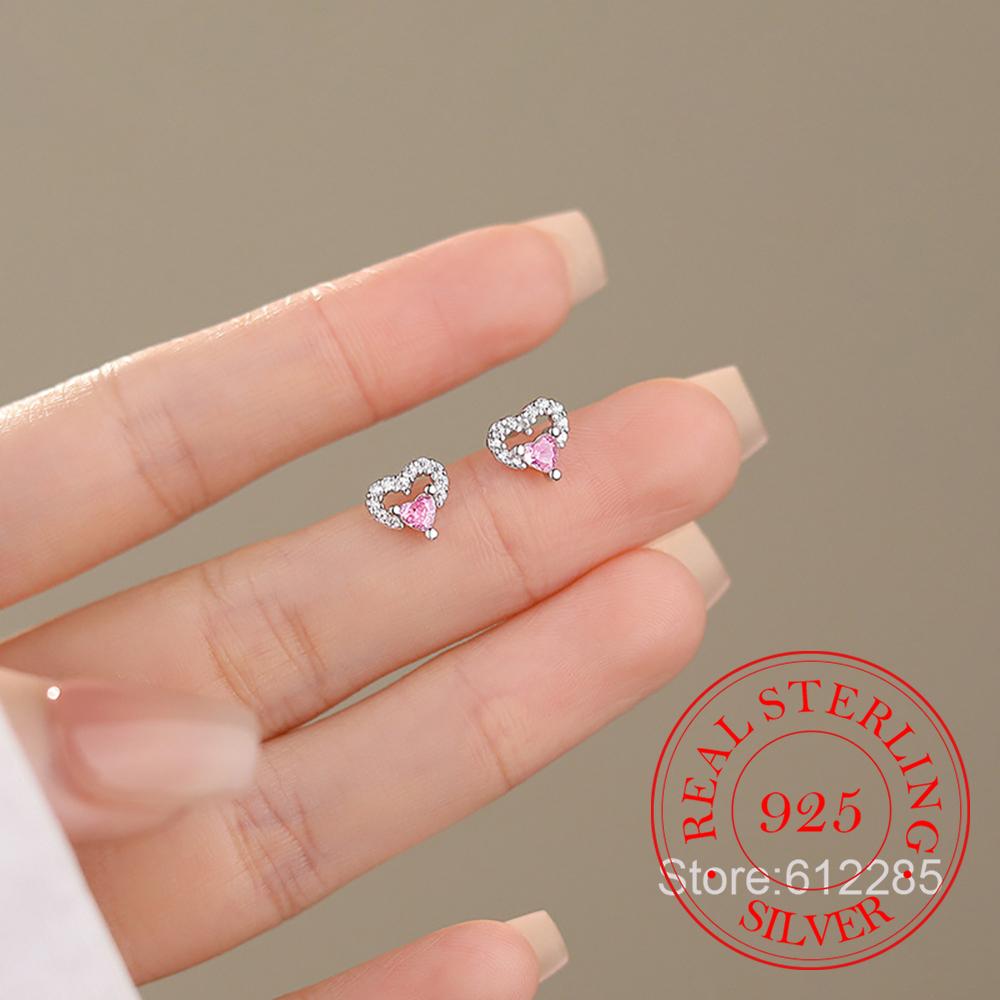 925 Silver Jewelry Pink Crystal Sweet Love Heart Stud Earrings for Women Wedding Party Jewelry For Girls Friend Gift