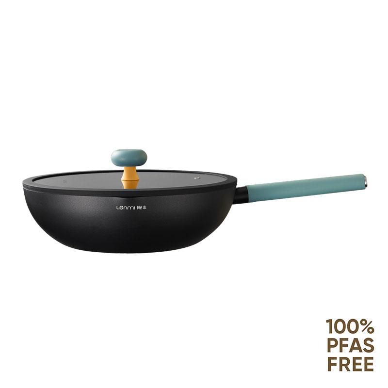 lanmi Non Stick Wok Pan with Lid Titanium Ceramic Pan Aluminum Alloy Stir-fry Pan Flat Bottom Pow Wok Pan For All Stovetops LM02