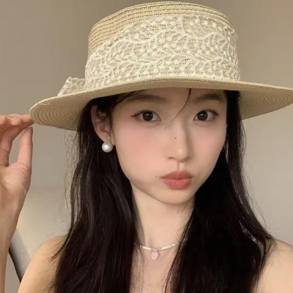 Lace straw hat women's summer bow large brim sunshade sun hat seaside vacation beach sun hat