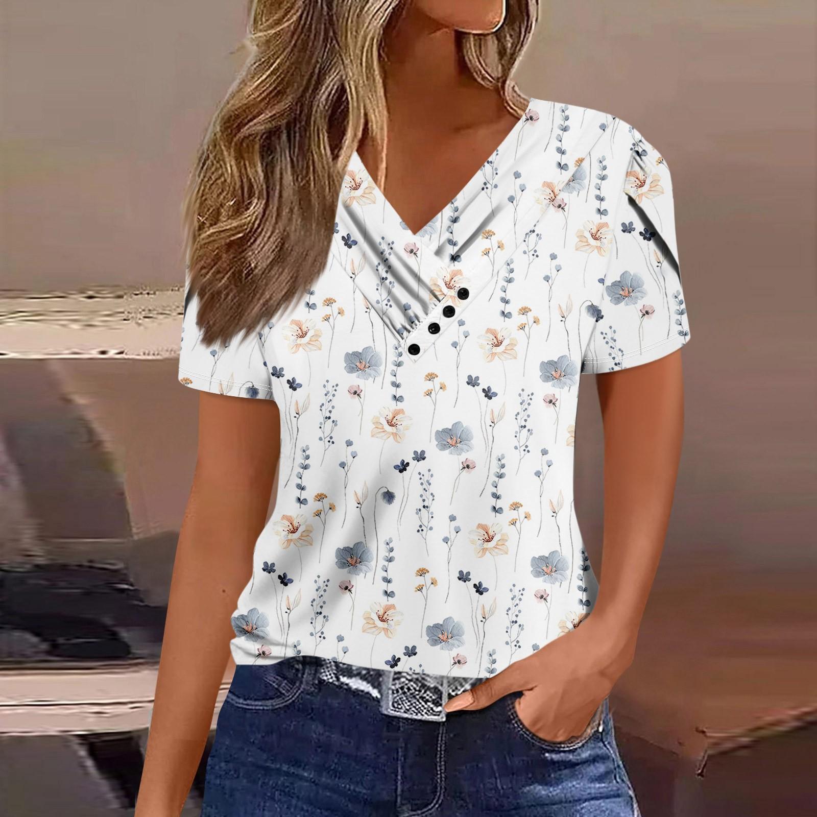 

Женская футболка, повседневная футболка с v-образным вырезом и короткими рукавами, топ на пуговицах с принтом L светло-серый