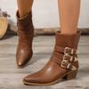 Fashion Retro Western Booties Women's New Pointed Toe Metal Belt Buckle Non-Slip Side Zipper Non-Slip Block Heel Single Boots
