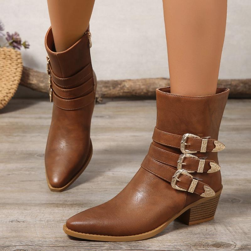 Fashion Retro Western Booties Women's New Pointed Toe Metal Belt Buckle Non-Slip Side Zipper Non-Slip Block Heel Single Boots