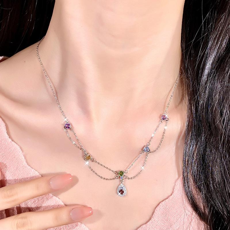 Natural Crystal Stone Rainbow Inlaid Necklace S925 Sterling Silver Collarbone Chain High-end Temperament Fashion Retro Jewelry Gift