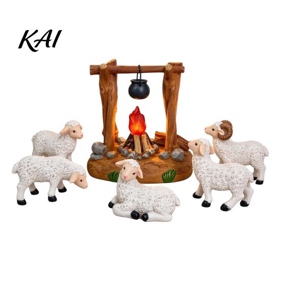Holiday Tabletop Display Christmas Nativity Scene Set with LED Lighted Campfire, Resin Manger Stable Figurine, Miniature Wooden Look Hut & Sheep