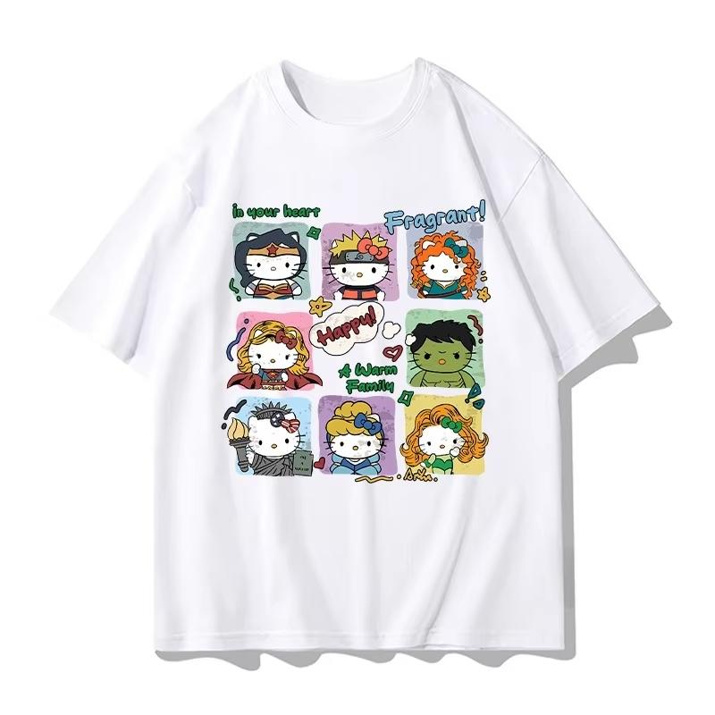 2026 Summer Hello Kitty Cosplay Themed 100 Pure Cotton Printed Oversized Loose Tshirt for Adults Children and Parents