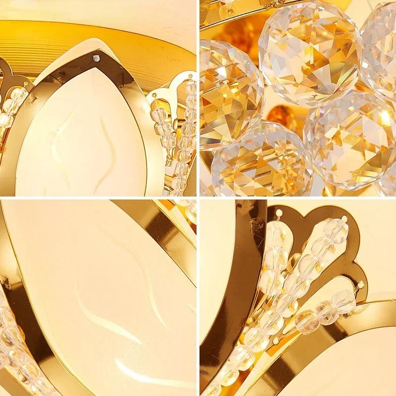 Lampă de tavan cu LED-uri din cristal de lotus, templu budist european simplu, pentru cameră de zi, culoare aurie, lumină rotundă, pentru dormitor, pentru cameră caldă