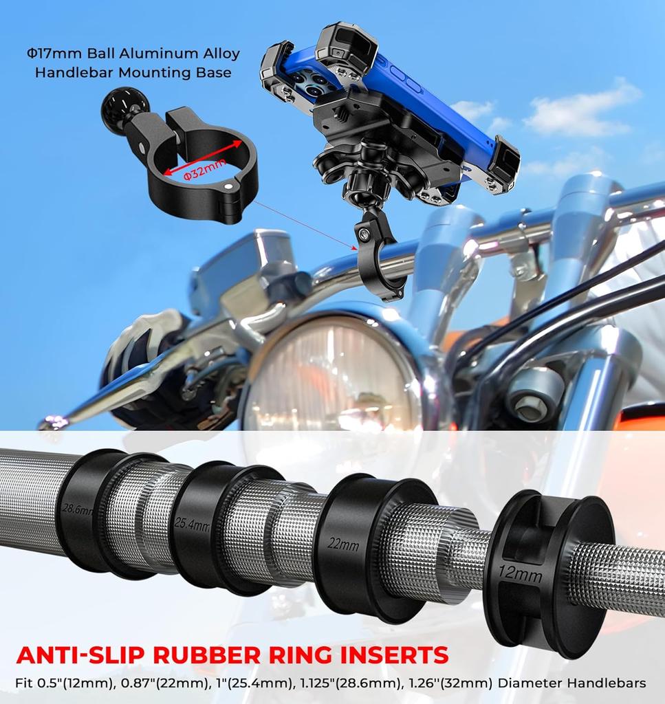 Motorrad-Handyhalterung mit Vibrationsdämpfer, 1s-Verriegelung Fahrrad-Handyhalter mit Lenker-Montagefuß aus Aluminiumlegierung, Einhandbedienung