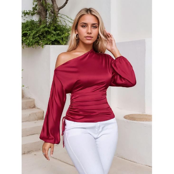 Весна 2026 Новая женская атласная элегантная асимметричная блузка с длинным рукавом и косым воротником S вино красного