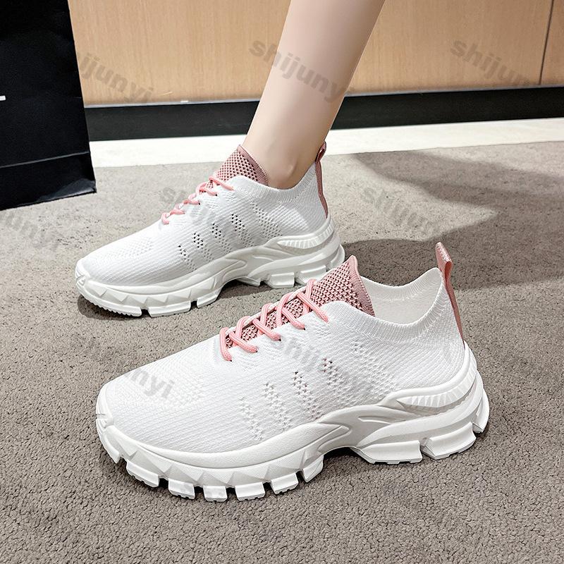 Fashion Women's White Sneakers 2025 New Fly Weave Mesh Breathable Lace Up Sports Shoes Fashion Height Increase Comfortable Casual Shoes
