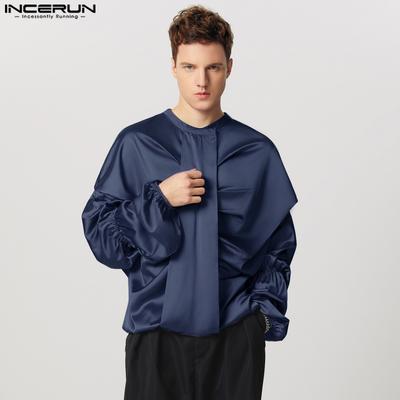 Herren Rundhals Langarm Einfarbig Rüschen Party Satinhemden