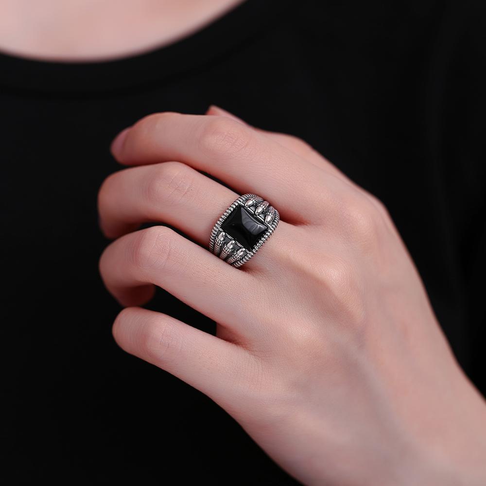 CopperJewelry Ring Natural 8*10mm Square Claw Big Black Agate Stone Vintage Ring for Women Party Gifts
