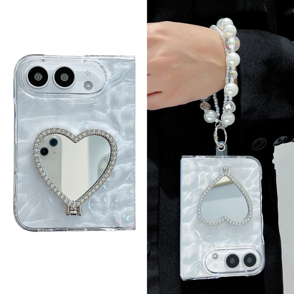 Transparent Pleated Love Mirror Stand Pearl Bracelet Phone Case for iPhone Ultra 18 Fold Wide Shockproof Skin Feel Slim Cover