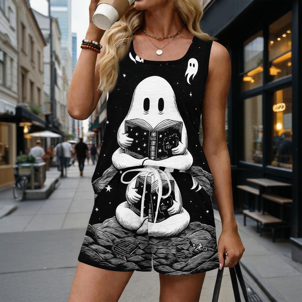 Women Summer Casual Two Piece Set Sleeveless Tank Top with Square Neck and Printed Shorts with Pockets Lightweight Lounge Wear
