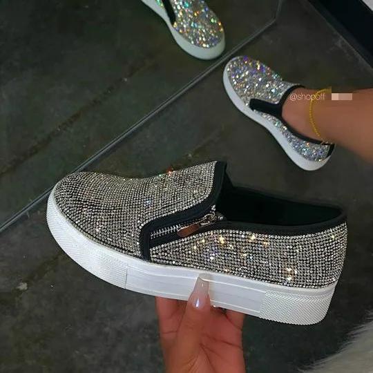 Fashion Woman Sneakers Platform Vulcanized Women Bling Crystal Loafers Autumn Women's Casual Flats Female Zip Sport Shoes Flats