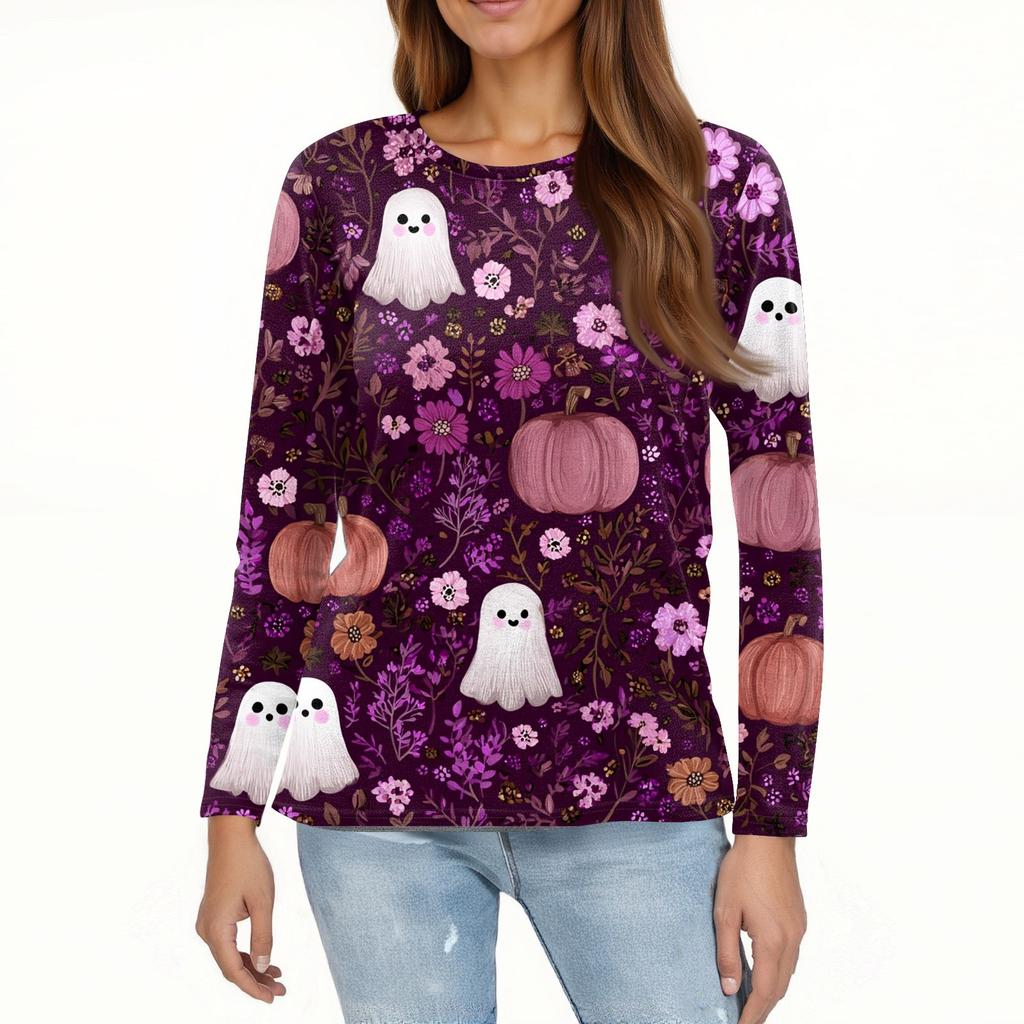 Women's Fashion Casual Halloween Printed Round Neck Long Sleeve Pullover Top