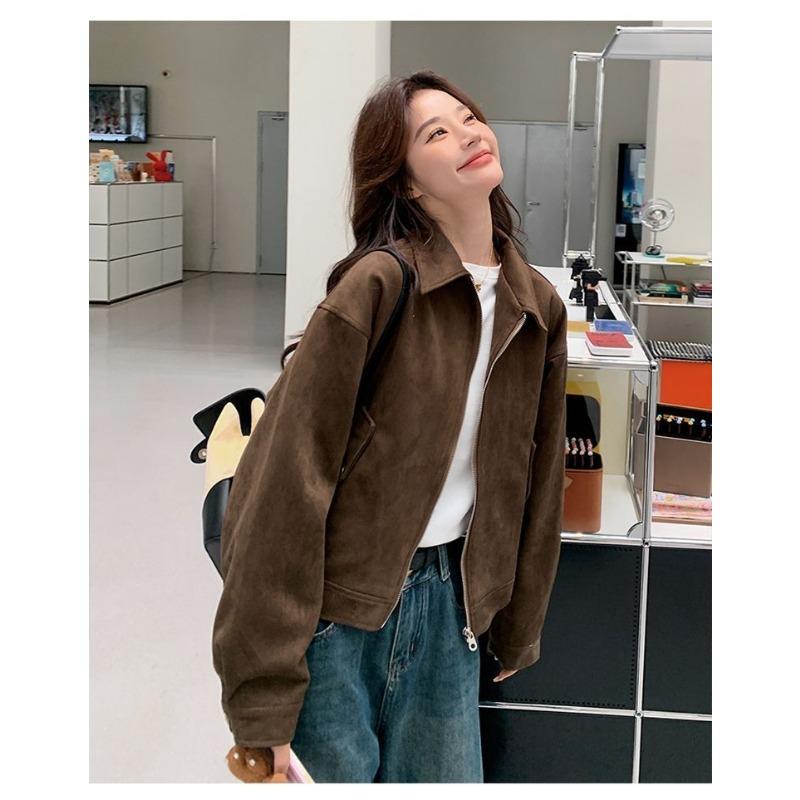 Vintage Brown Suede Moto Jacket Women Short Style Trendy Coat