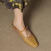 Fashion 2025 Summer Weave Women Slippers Genuine Leather Women Shoes Sqaure Toe Low Heel Cover Toe Slingback Women Mules Hollow Shoes