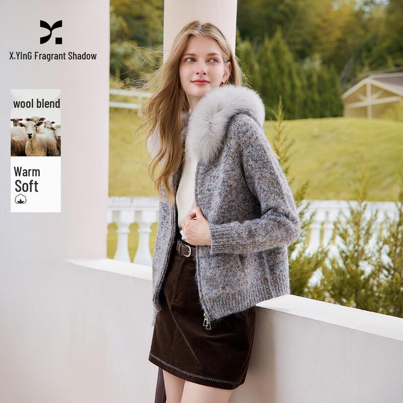 Xiangying Vintage Hooded Cable Knit Cardigan with Faux Fur Collar