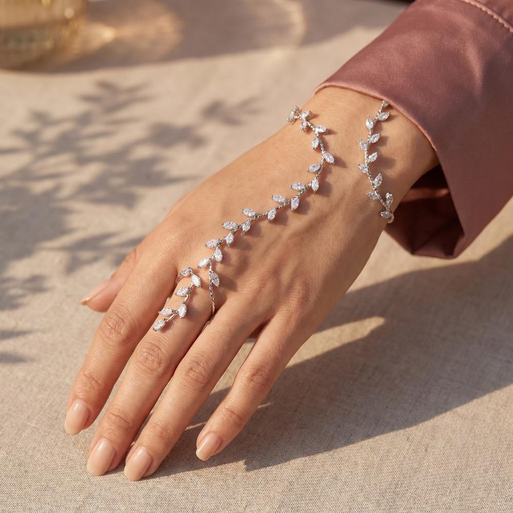 Copper Material Leaf Cubic Zircon Hand Palm Bracelet Sparkling Hand Piece Jewelry  For Women Girls