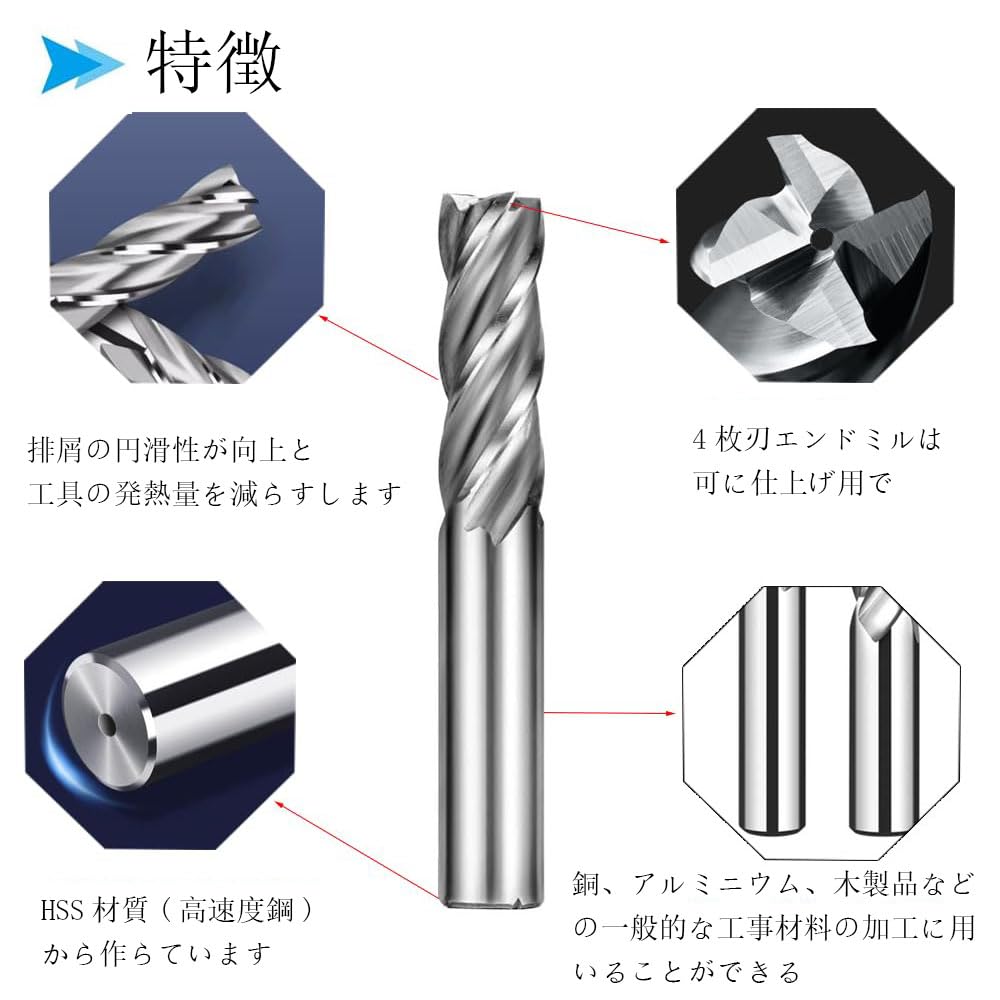 Phyxiul Square End Mill Set, High Precision, General Purpose Precision Machining, 6 Pieces, 0.08