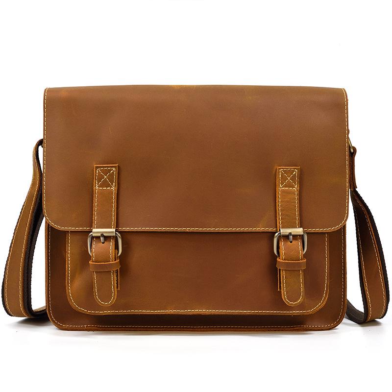 Men's Premium Crazy Horse Leather Crossbody Bag - Genuine Cowhide Shoulder Bag for iPad