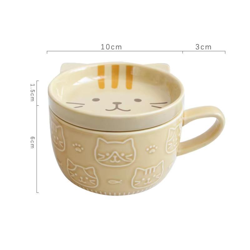 Japanese Ceramic Cartoon Cat Mug Cute Breakfast Cup Creative Coffee Cup with Lid Milk Cup Couple Cup 201-300ml