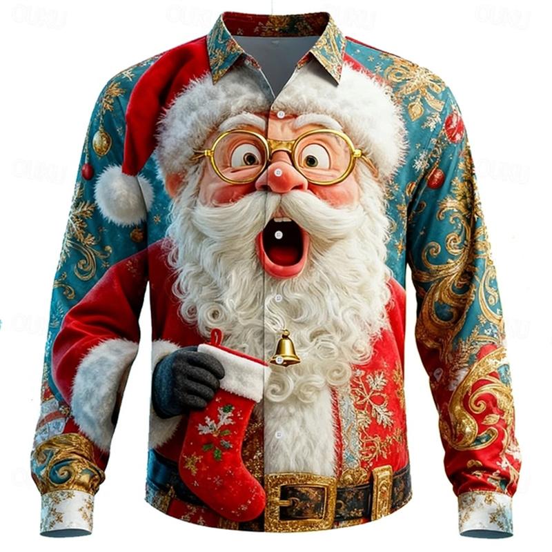 Men's Christmas shirt, Santa Claus 3D printed cartoon smiley face shirt, lapel long sleeve, fashionable design shirt XS-6XL