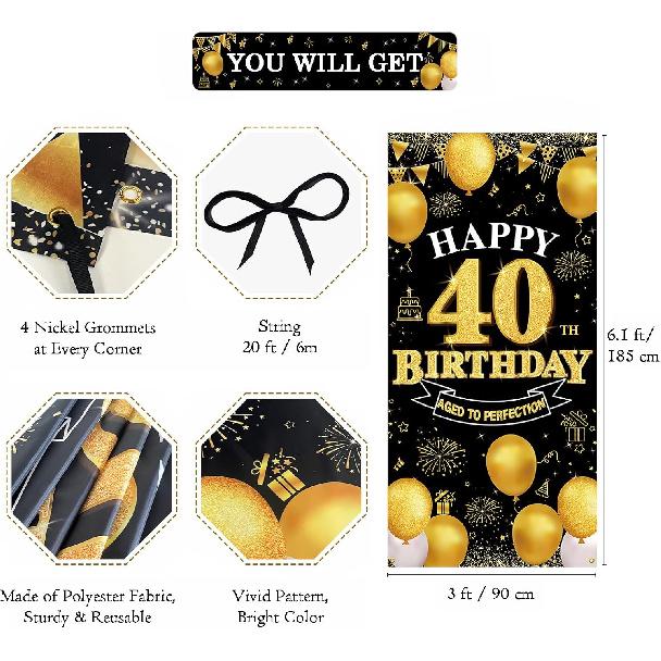 Happy 40th Birthday Decorations for Men & Women, Black Gold 40th Birthday Banner Backdrop, 40 Years Old Party Decor, Fabric Photo Props Yard Sign