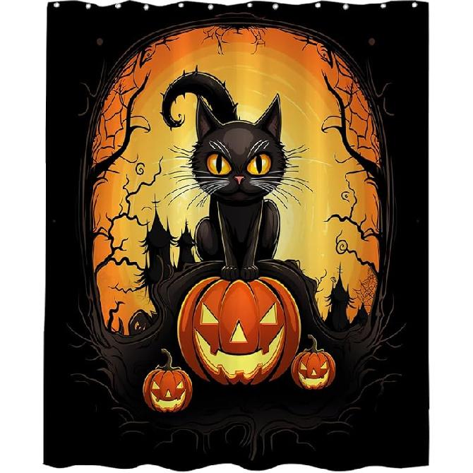 Funny Halloween Shower Curtain Horror Cat Pumpkin Castle Forest Theme Bathroom Decor Sets with Hooks Water Repellent Washable 72H x 72W inches Black 72 W x 72 H