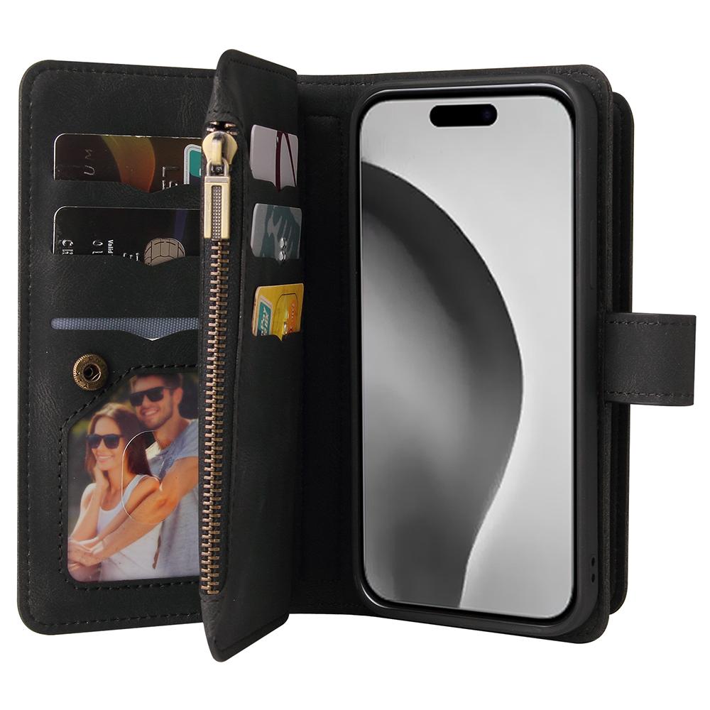 For iPhone 16 Pro Max Zipper Wallet Case with 15 Card Slots and Strap Leather Phone Cover