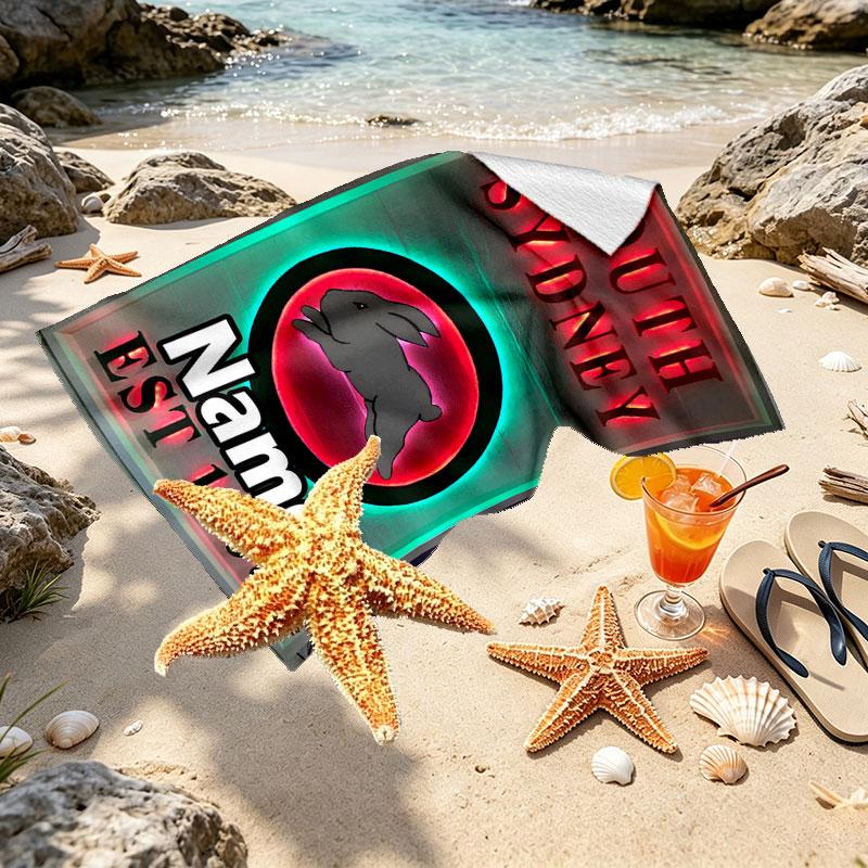 Custom Name Personalized South Sydney Rabbitohs Print Beach Towel, for Trip Camping Beach Party Home Decor, Birthday Gift for Family & Friends