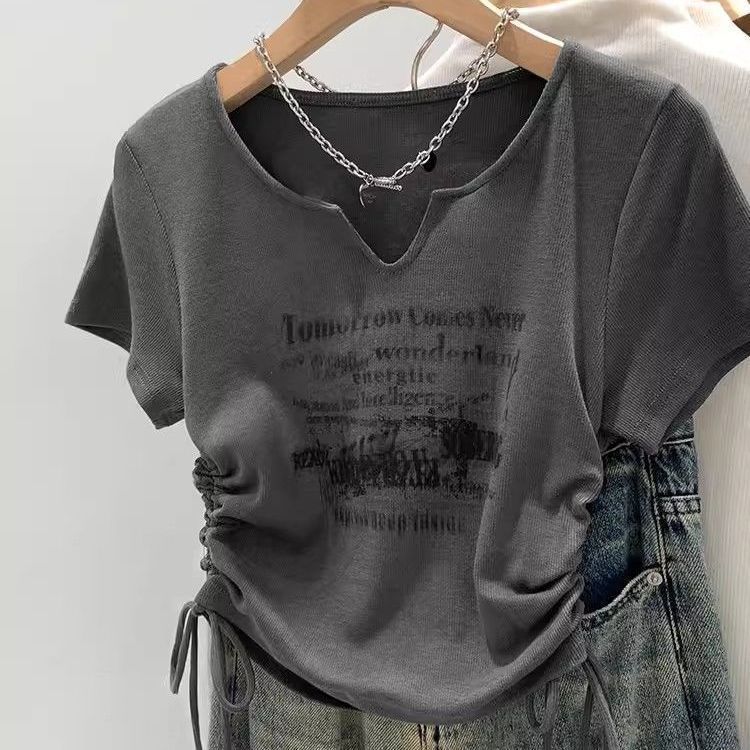 Vintage Letter Print Notched V Neck Short Sleeve Tee Double Side Drawstring Ruched Slim Fit Y2K Summer Top