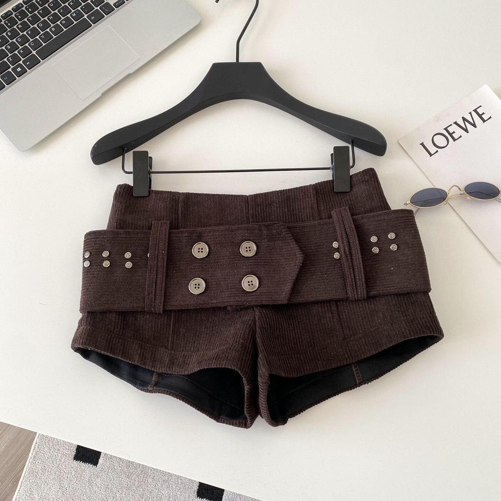 American Retro Low-Waist Corduroy Belted Shorts for Women - Autumn/Winter Fashion