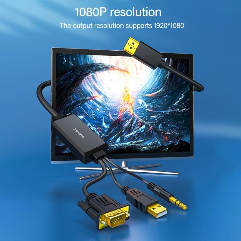VGA To DP Adapter Cable Support Sound Transmission and 1080P Resolution for PC Laptop To TV Monitor