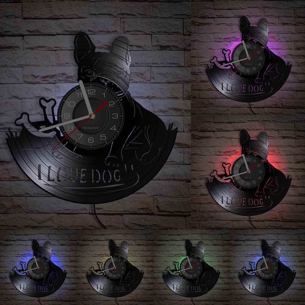 French Bulldog Couple Wall Art Home Decor Wall Clock Made Of Vinyl Record Modern Puppy Dog Wall Clock Dog Breed Dog Owners Gift