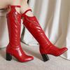 FOREADA Women Knee High Boots Round Toe Chunky High Heels Chain Buckle Zipper Long Boots Ladies Fashion Shoes Autumn Winter 46