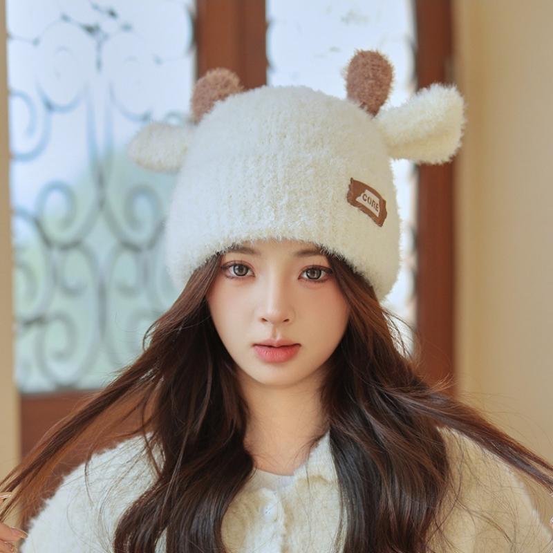 

Рождественские мультяшные оленьи рога милые наушники вязаная шапка замедляющая старение толстая теплая шерстяная шапка для женщин M（56-58cm） белый