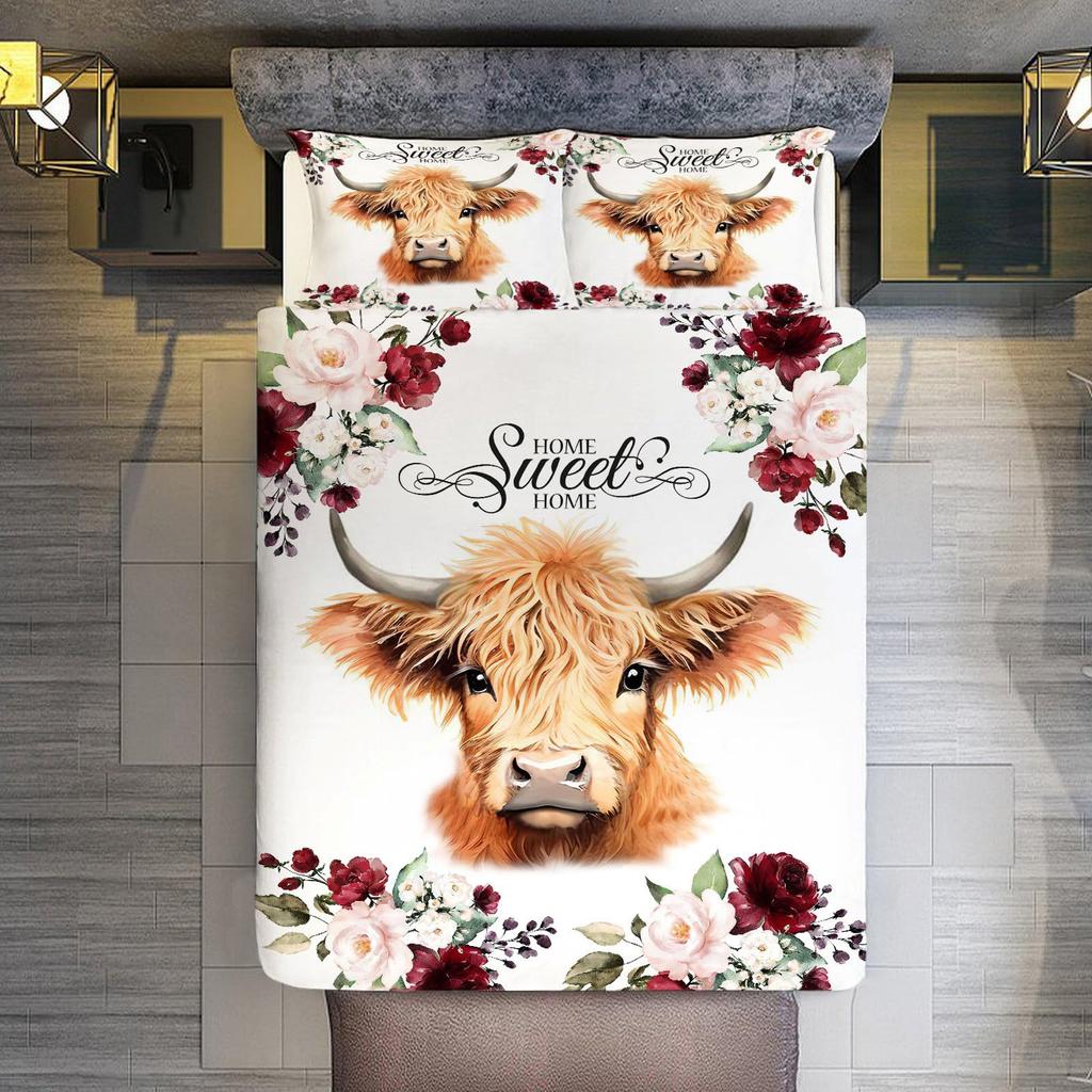 Highland Cattle Three-piece Quilt Cover 3D Digital Printing Bedding Set Farmhouse Bed Cover