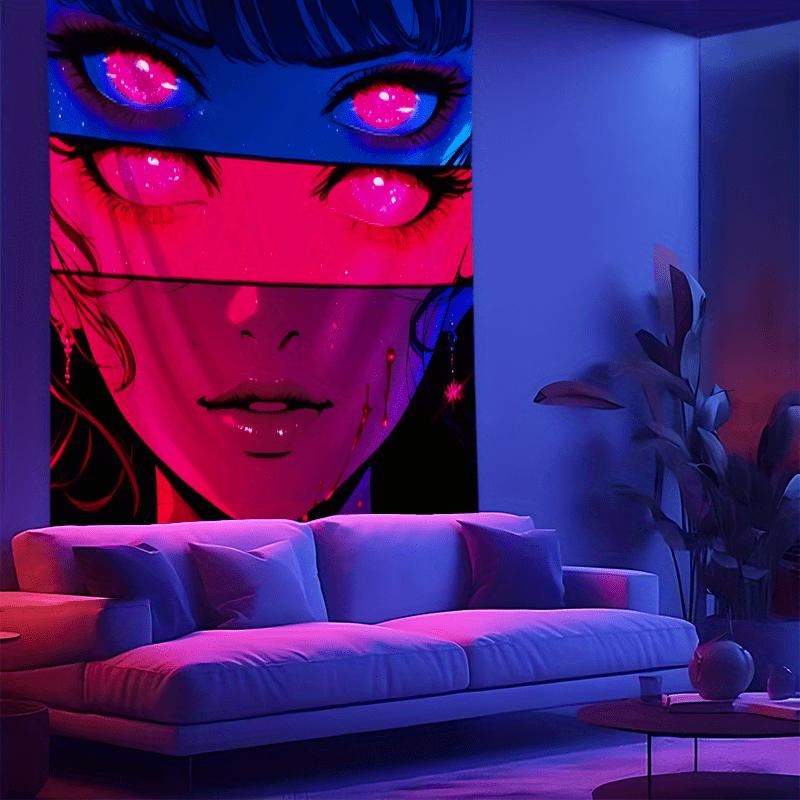 Neon Glitch Animeflicka Väggbonad  Livfull Väggbonad med Rosa Ögon för Sovrum och Vardagsrumsinredning Perfekt Gåva