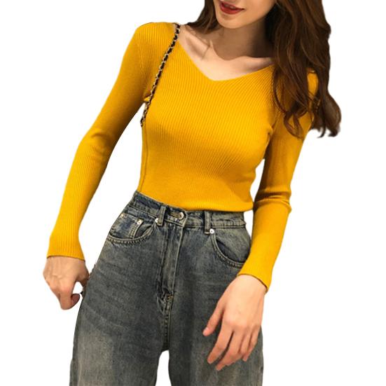 Women Tops V-neck Long Sleeve Slim Fit Pullover Sweater Solid Color Ribbed Bottom Sweater Elastic Knitwear